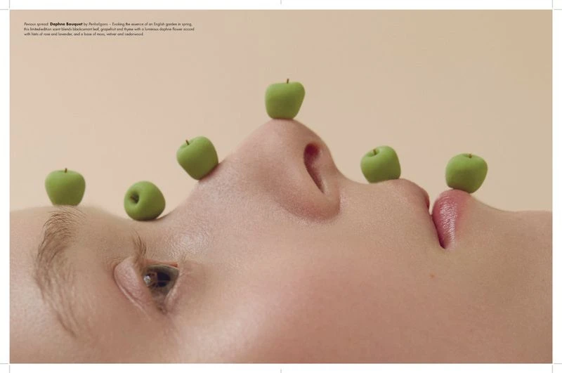 Close-up of a person's face with miniature green apples balancing on different facial features, presented on a beige background.