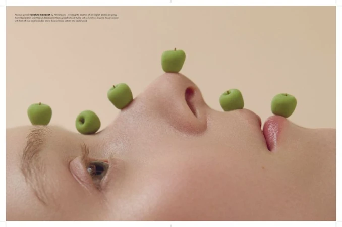 Close-up of a person's face with miniature green apples balancing on different facial features, presented on a beige background.