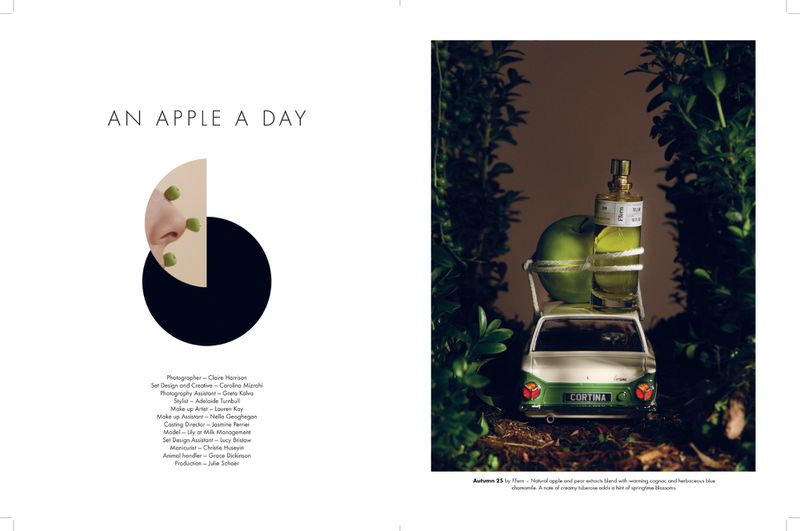 Still life composition featuring a perfume bottle and an apple on a toy car, surrounded by greenery, creating a unique beauty aesthetic.