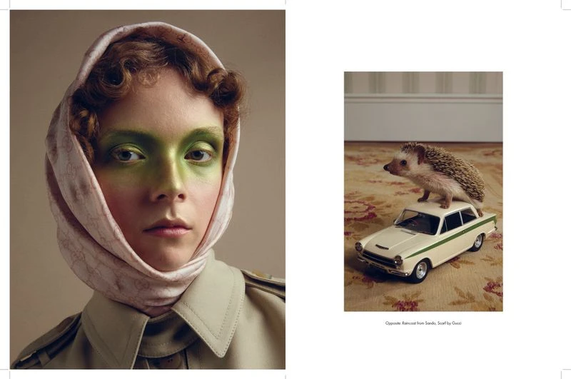 Close-up of a woman with green makeup and a headscarf next to a hedgehog toy on top of a toy car on a floral rug.