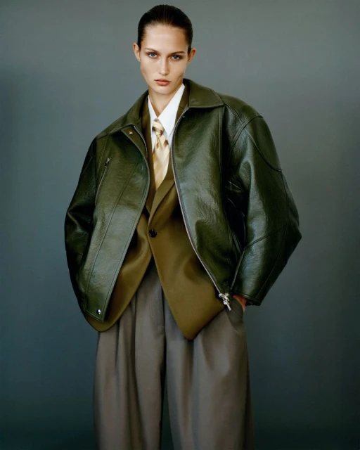 A stylish adult female poses in a green leather jacket, tan suit, white shirt and tan tie against a grey studio backdrop.