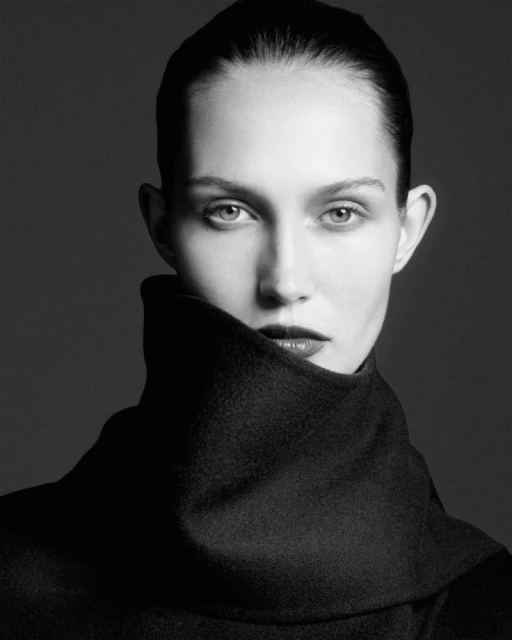 Black and white portrait of a fair-skinned adult woman with dark lipstick wearing a high-necked dark top against a grey background.