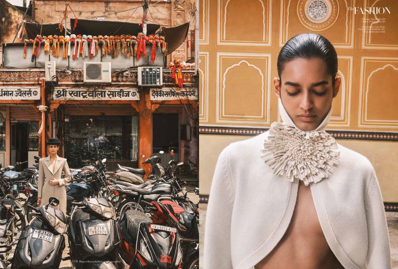 Fashion editorial featuring a woman in a tan suit in India and close-up of a model wearing a ruffled collar and cape.