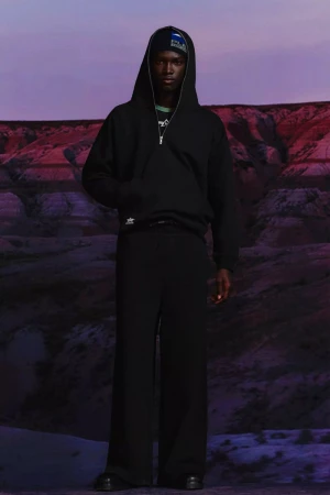 Full-length portrait of a Black male fashion model in a black hoodie and wide-leg pants, posed against a backdrop of a desert canyon.