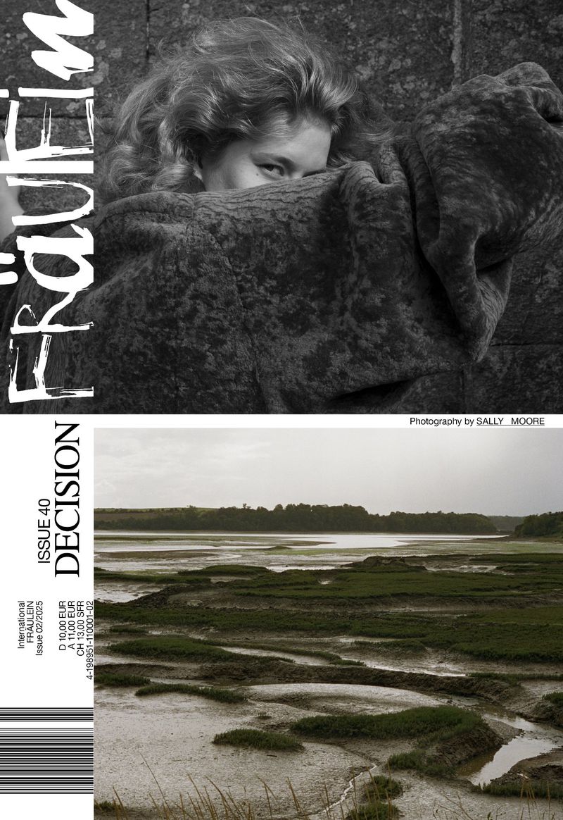 Magazine cover with a portrait of a woman partially obscuring her face, and a landscape image of muddy ground in the lower section.