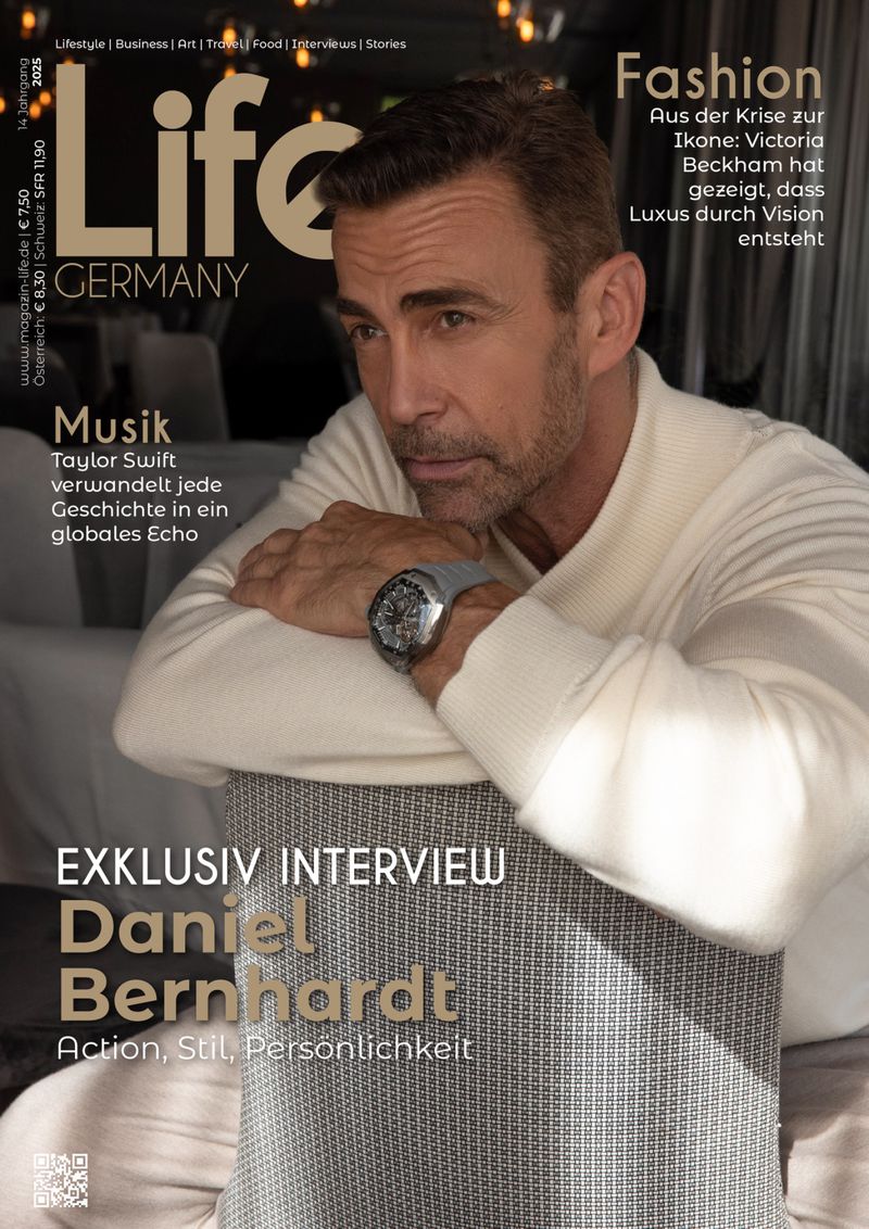 Magazine cover features a male model in a white top, accessorized with a watch, alongside 'Life Germany' masthead and various text elements.