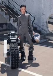 Model in grey jumpsuit and boots holding a helmet next to a futuristic motorcycle outdoors.