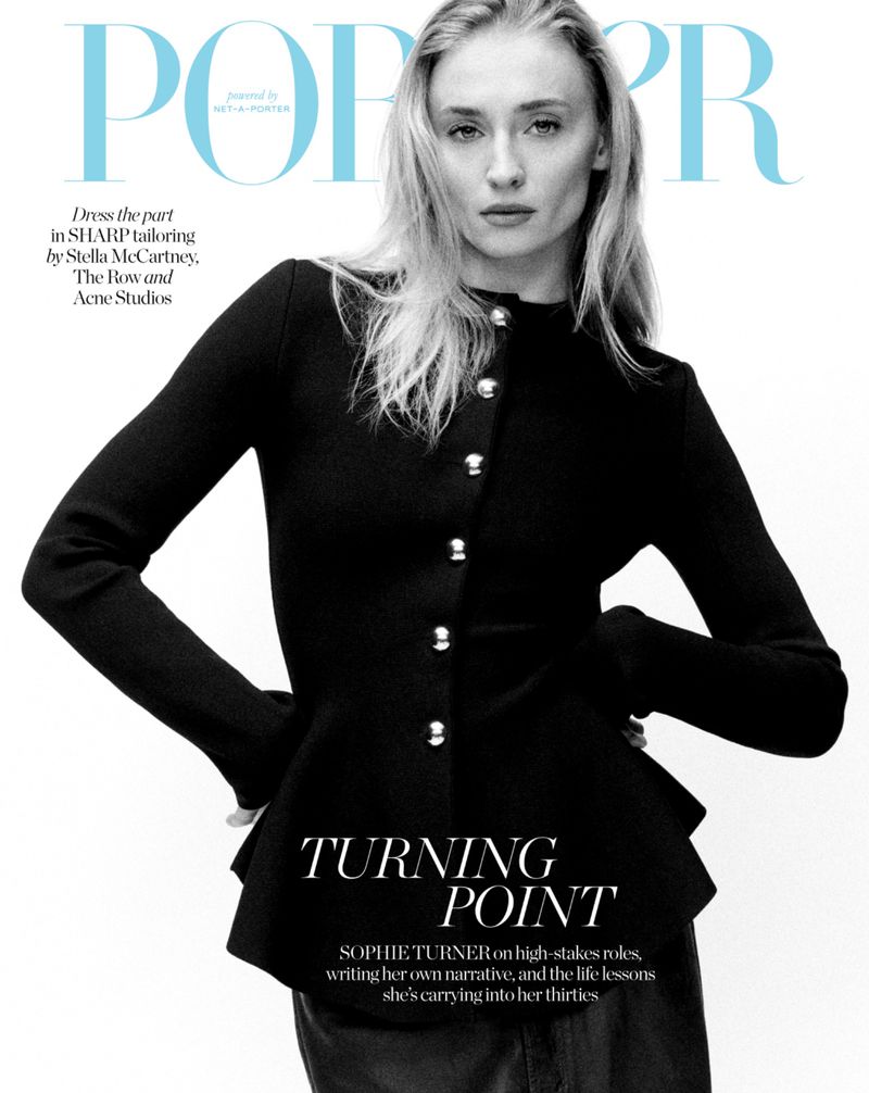 Sophie Turner poses in a black tailored jacket on a magazine cover, highlighted by bold typography and a clean, bright background.