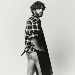 Monochrome studio portrait of a man in a plaid shirt and apron standing with his back partially turned.