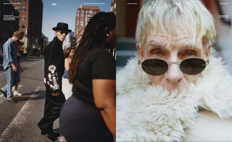 Editorial fashion spread featuring an older man in sunglasses and a white fur collar coat and other pedestrians on a city street.