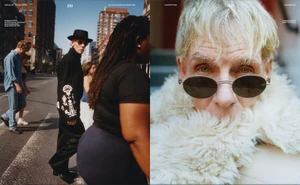 Magazine editorial spread featuring portrait and street shots of a man in sunglasses, shearling coat, and embroidered black jacket.