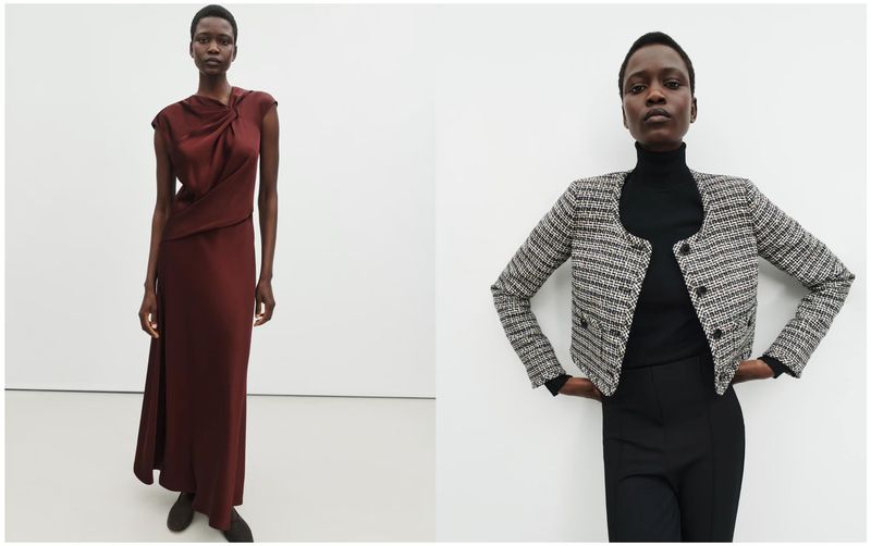 Fashion shot of two women in studio wearing a brown dress and a tweed jacket with black turtleneck and pants against a white backdrop.