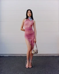 Model in sheer pink dress holding a silver handbag standing against a white paneled exterior wall.