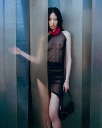 Model in black sheer dress standing behind vertical metallic panels holding a black handbag