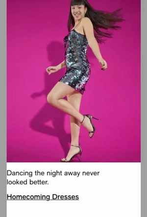 Model wearing a sequin mini dress posing dynamically against a vibrant pink backdrop with dark strappy heels.