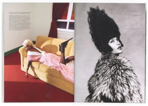 A woman with platinum hair poses on a yellow couch wearing a pink dress and black high heels, next to a black and white shot of a woman with a large afro hairstyle.