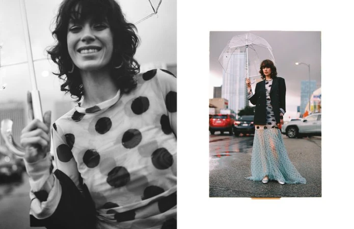 Two photos show a woman in a polka dot top and long skirt, holding an umbrella on a wet city street with buildings and cars.