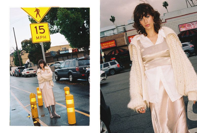 A woman in a beige outfit poses on a city street with sidewalks and cars. The photo has a split composition.