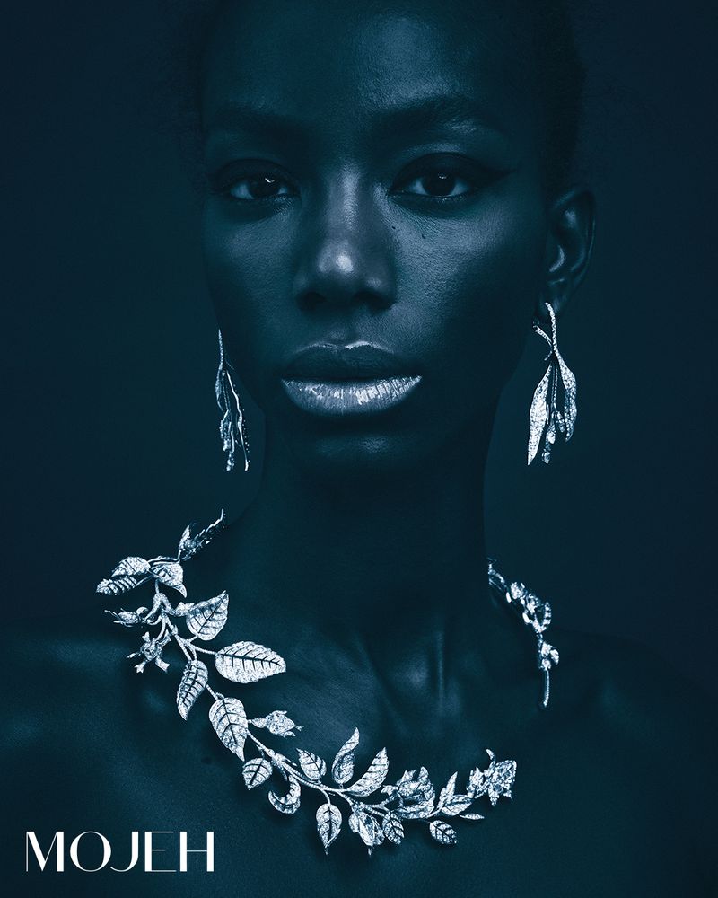 Close-up of a dark-skinned woman wearing a silver floral necklace and earrings in a studio setting, promoting fashion and beauty.