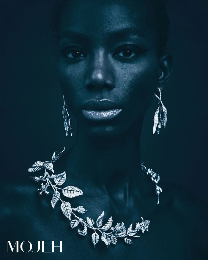 Close-up portrait of a Black woman wearing silver leaf jewelry and a dark blue-toned tone for Mojeh Magazine