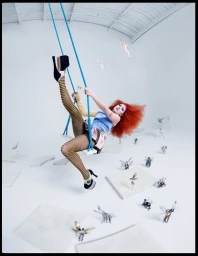 Woman with red hair and striped stockings swinging on blue ropes inside a white studio space with scattered tile pieces