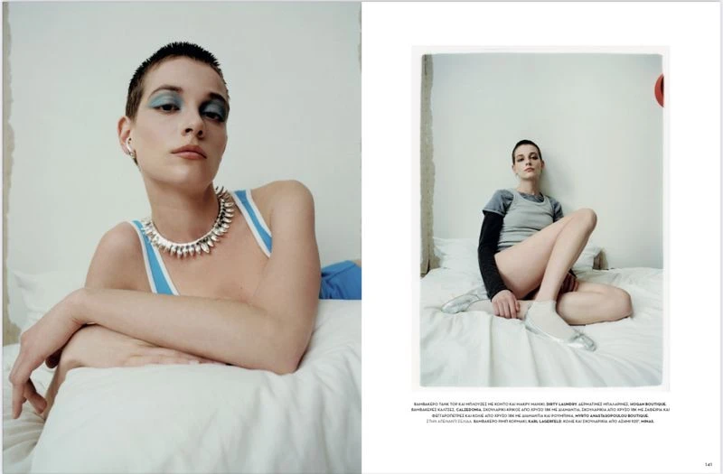 Editorial fashion spread featuring a woman with a buzzcut wearing a necklace and swimsuit top lying on a white bed, next to a similar image.