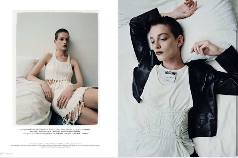 Two photos of the same female model on a white bed, with short hair. She wears a white dress in one and a leather jacket in the other.