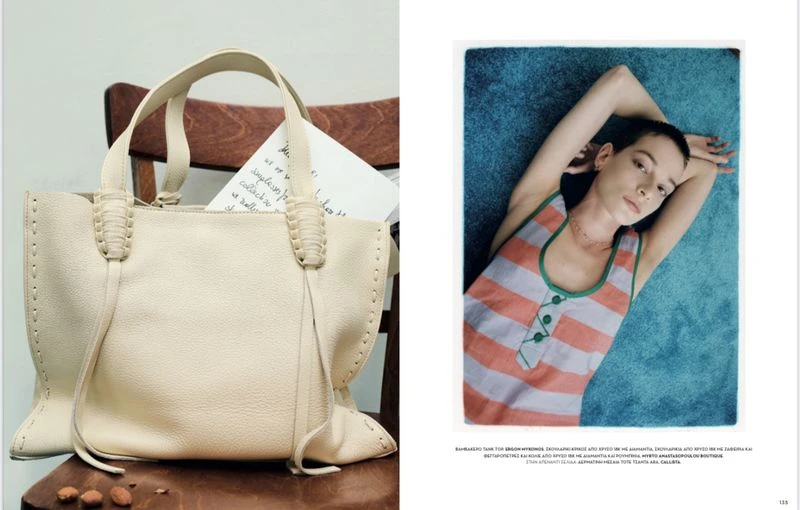 Ivory leather tote bag with braided handle detail sitting on a wooden chair with handwritten note in fashion editorial photograph.