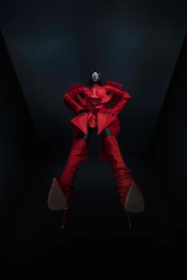 Low-angle shot of a model wearing structured red avant-garde couture and matching boots against a dark background.