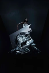 Model in patterned strapless dress holding a metallic car fender against a dark textured studio background