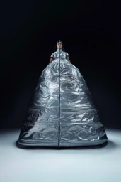 Model wearing a voluminous metallic silver quilted gown against a dark background in an editorial portrait for Numero Netherlands.