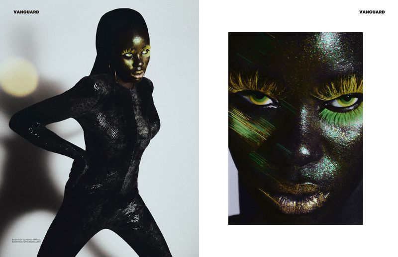 A striking editorial fashion shot shows an African-descent woman in a dark, shimmering bodysuit, complemented by artistic green and gold makeup.