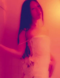 Portrait of a model wearing a white strapless dress bathed in vibrant red and warm lighting