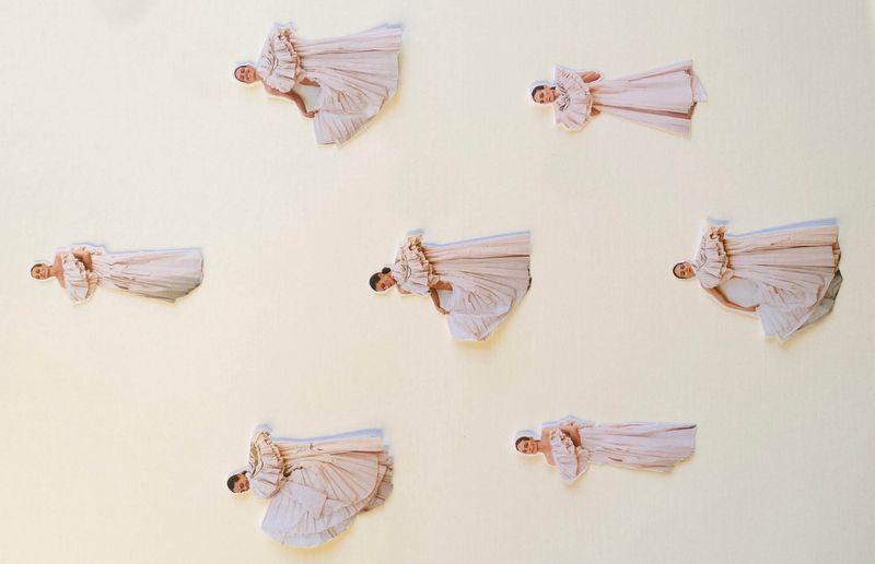 Collage of images featuring a woman in a light pink gown, posing in different positions, arranged on a light background.