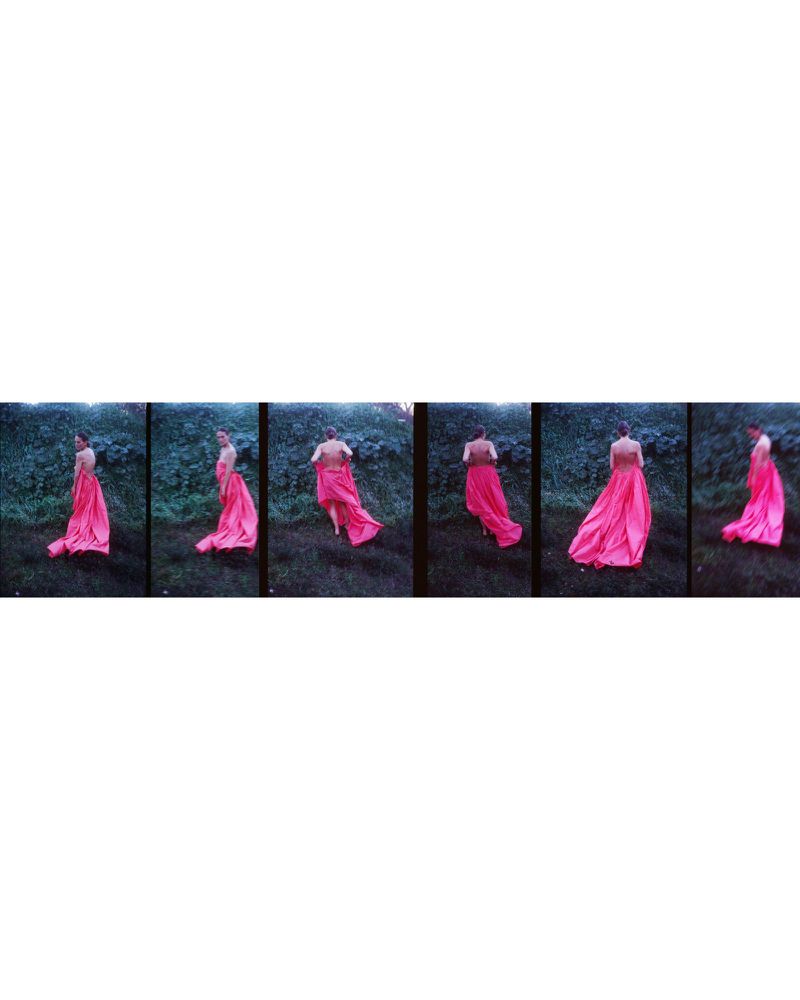 Multiple frames show a person in a flowing pink dress running across a grassy area with dark green foliage in the background.