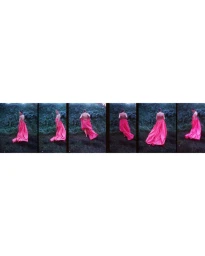 A multi-panel film strip showing a model in a vibrant pink gown standing before a dense green hedge outdoors