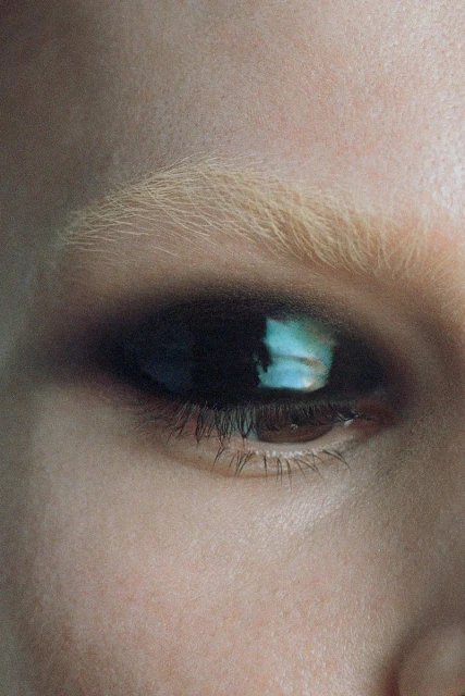 Macro shot of fair-skinned adult female face focusing on a dark brown eye, blonde eyebrow, and skin texture in an indoor setting.