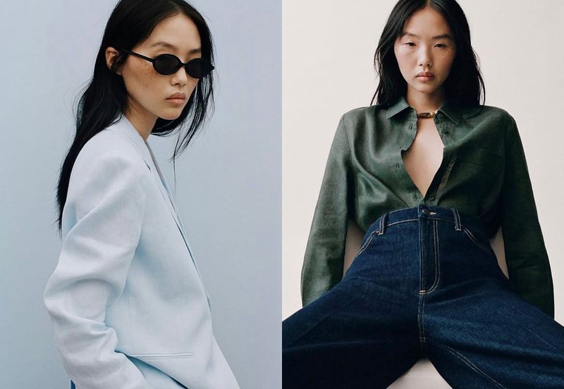 Two women pose in a split-screen fashion editorial. One wears a light blue blazer and sunglasses, the other a green shirt and jeans.