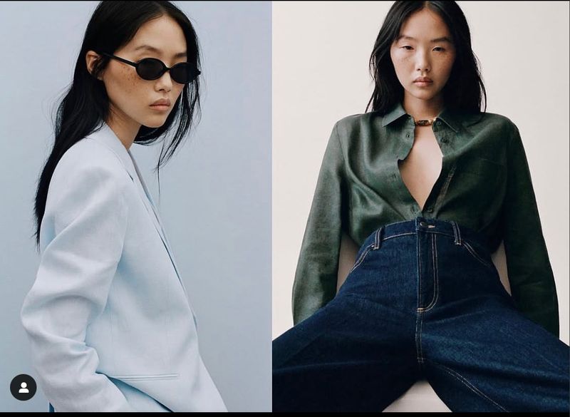 Two Asian women in a split-screen fashion editorial: one in a blue blazer with sunglasses, the other in an unbuttoned green shirt and jeans.
