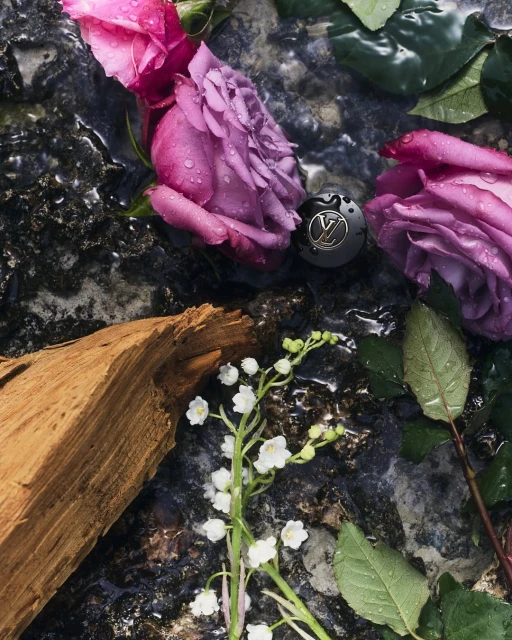 Elevated view of a black sphere, pink roses, lilies of the valley, and a piece of wood on a dark, textured surface with water droplets.