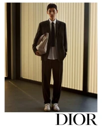 Model in a dark suit holding a light grey tote bag standing before vertical paneling for Dior Men Pre-Fall 2025.