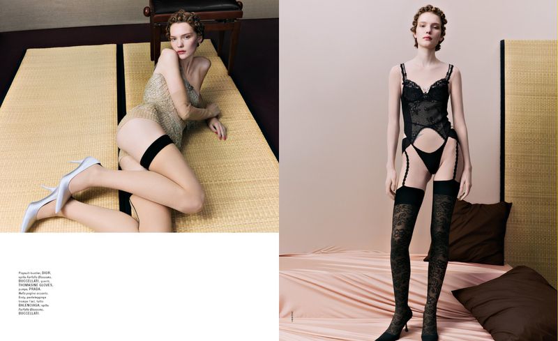 A side-by-side studio fashion shot of a model in lingerie and hosiery on a beige background, showcasing a high-fashion aesthetic.