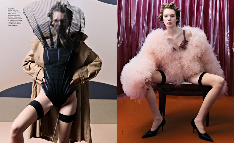 Two fashion photos of the same woman with different outfits. One wears a corset with a trench coat, the other a fluffy pink coat.
