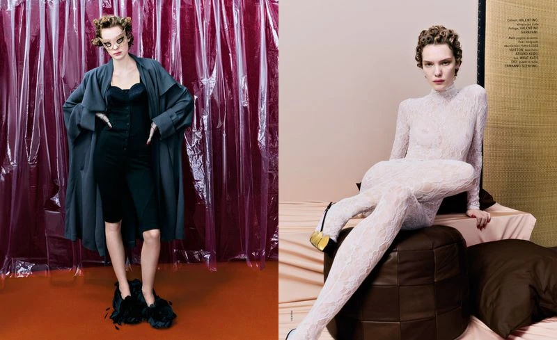 Fashion editorial split-screen: a model in a black outfit poses in front of a red curtain; another is sitting on a bed wearing a lace bodysuit.