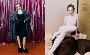 Model Penelope Ternes in a dark coat and black jumpsuit standing against a crinkled pink plastic backdrop for Harper's Bazaar Italia.
