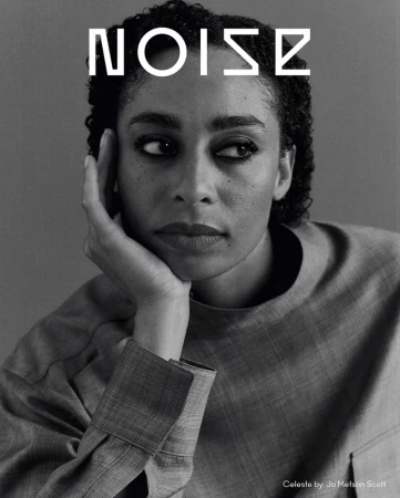 Black and white portrait of a woman with curly hair, wearing a gray shirt, with the text 'NOISE' above her head on a gray background.
