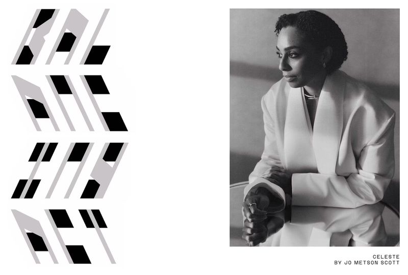 Black-and-white studio portrait of Celeste wearing a white blazer with graphic black and grey shapes on the left.