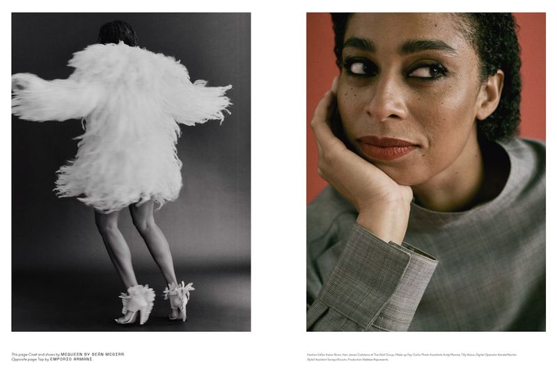 Two fashion photos with a model in a feathered coat and heels and a close-up of a woman in gray against a coral background.