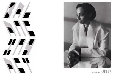 Black and white portrait of singer Celeste wearing a white blazer, posed against a wall with strong directional lighting.