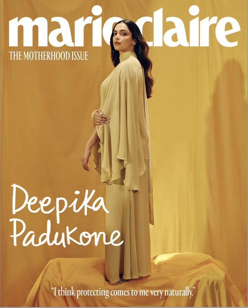 Magazine cover featuring Deepika Padukone wearing a yellow dress, standing on a yellow draped surface against a yellow background.